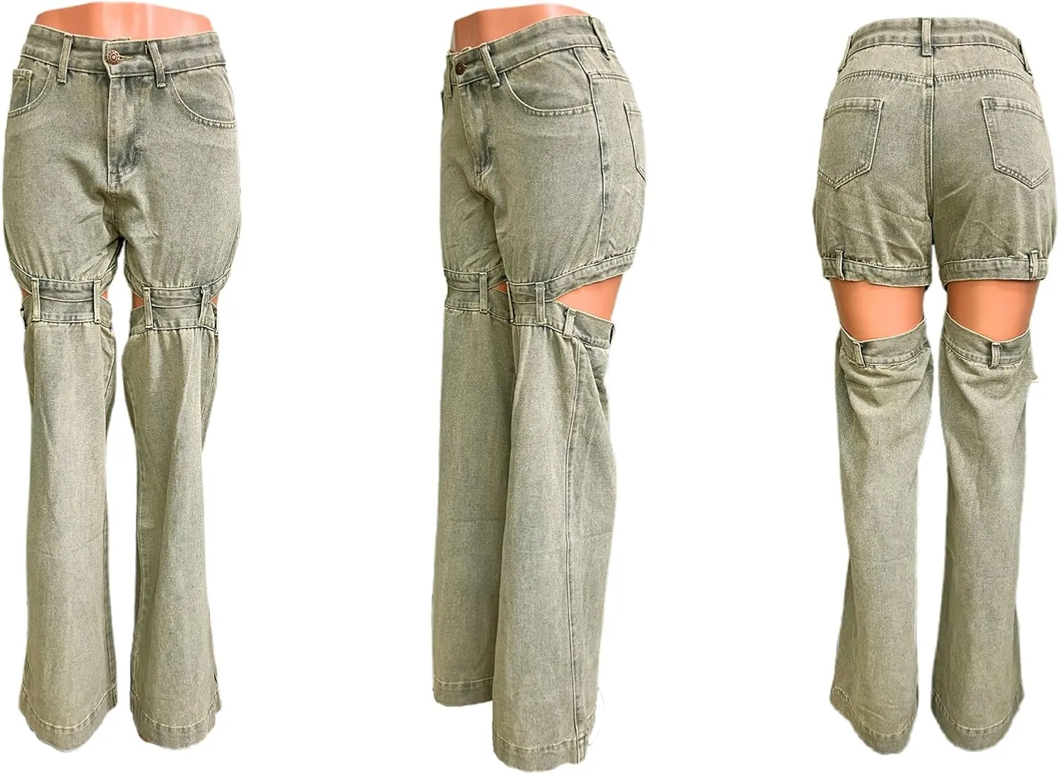 Tbahhir Women's High Waisted Jeans Trendy Loose Cutout Straight Leg Pants with Pockets Streetwear