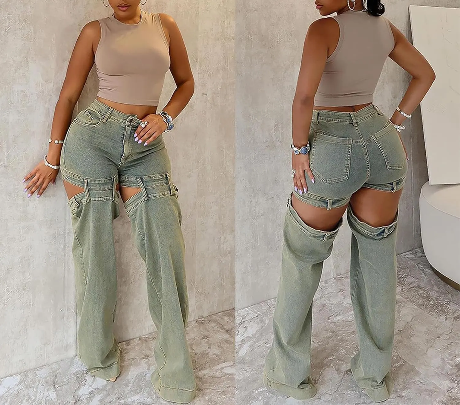 Tbahhir Women's High Waisted Jeans Trendy Loose Cutout Straight Leg Pants with Pockets Streetwear