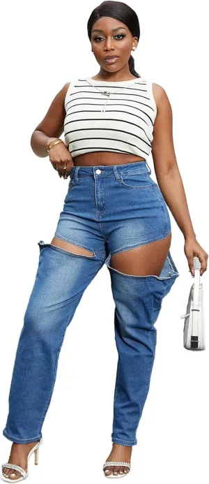 Tbahhir Women's High Waisted Jeans Trendy Loose Cutout Straight Leg Pants with Pockets Streetwear
