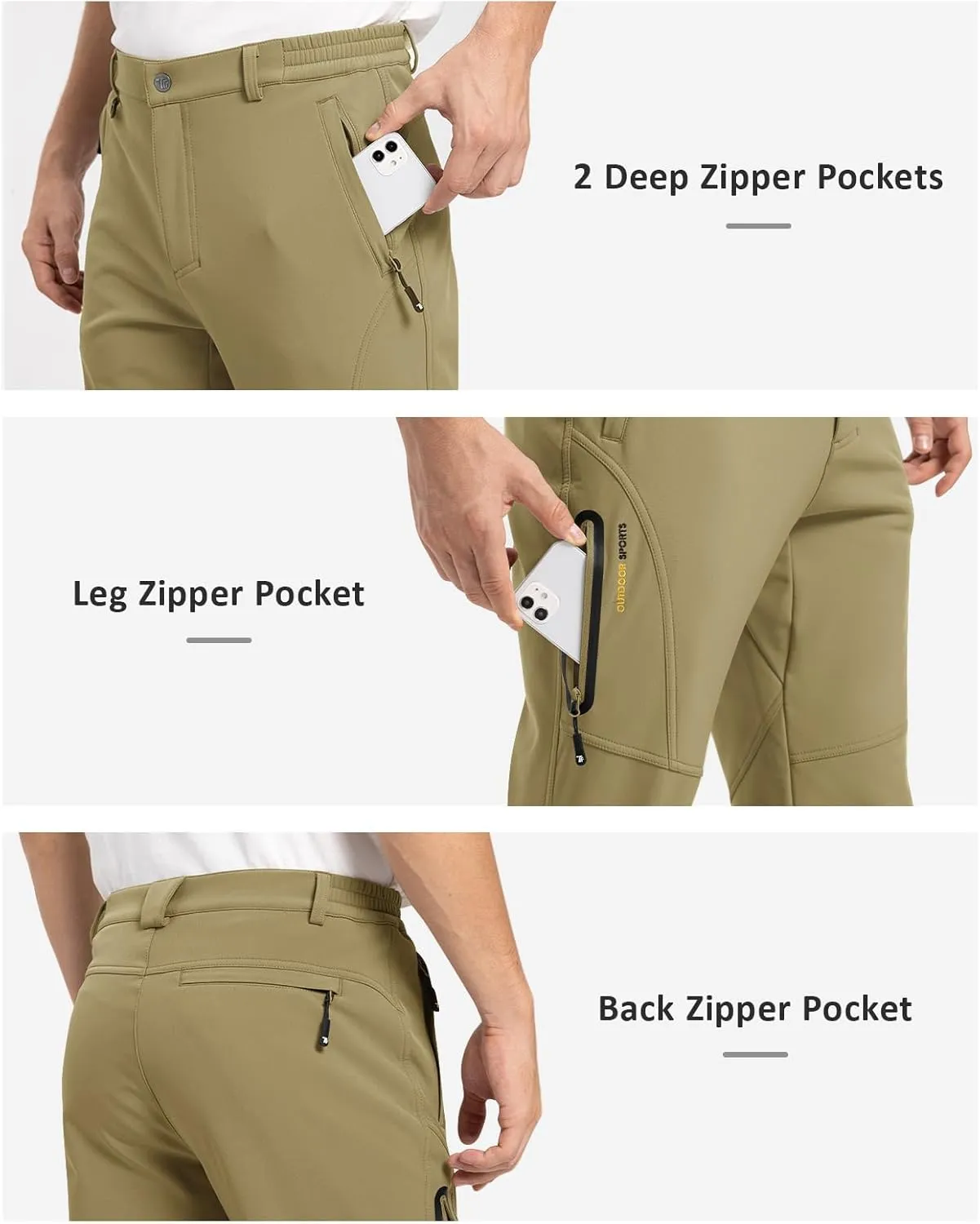 TBMPOY Men's Snow Pants Fleece Lined Hiking Winter Waterproof Softshell Ski Outdoor Insulated Climbing Pants Zipper Pockets