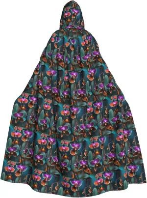 Teal and Orange Orchid print Hooded cape for adults, Oversized Hooded Cloak with Bow Tie, Adult party dress cape