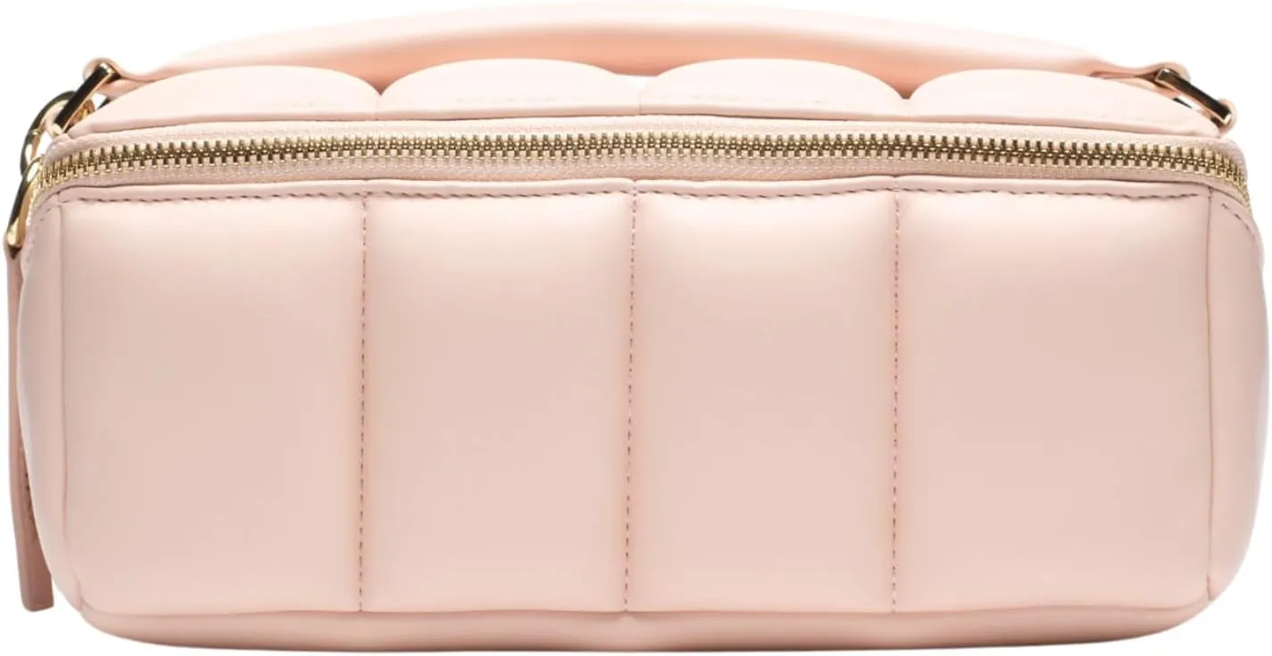 The Bigee Large Makeup Bag Organizer for Women  Puffy Quilted Travel Case with Flat Base, Zip Pockets, Elastic Bands for Beauty Essentials Stylish Beauty Storage Pouch 12"L x9"Wx6"H (Blush)