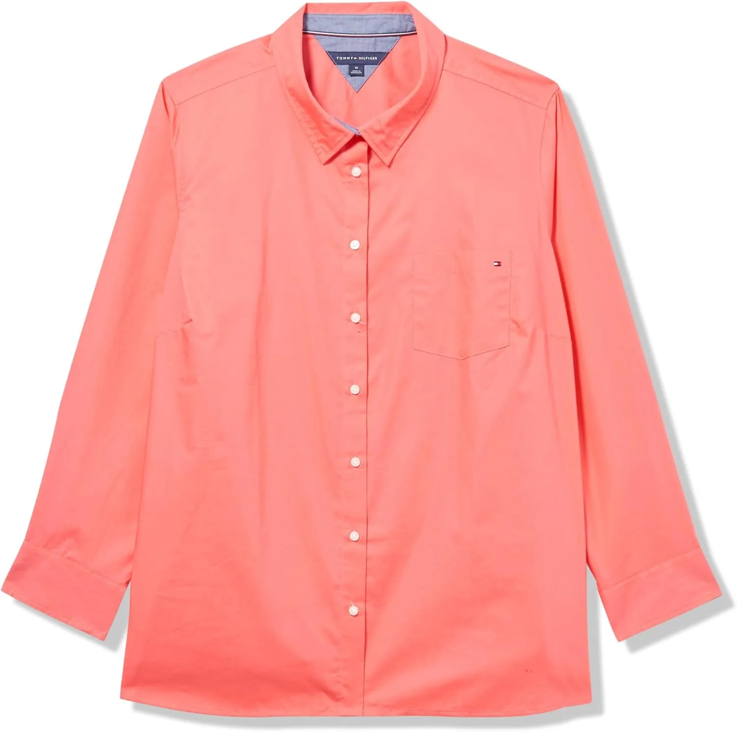 Tommy Hilfiger Women's Sportswear Long Sleeve Button Up Collared Shirt with Roll Tab Sleeve, Sherbet, 2X