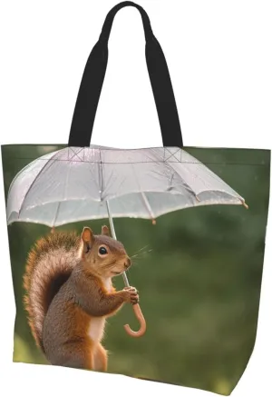 Tote Bag for Women Grocery Bag Reusable Aesthetic Shopping Bags Squirrel Hold A Umbrellas Beach Handbag