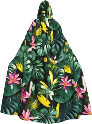 Tropical Leaves with flowers print Hooded cape for adults, Oversized Hooded Cloak with Bow Tie, Adult party dress cape