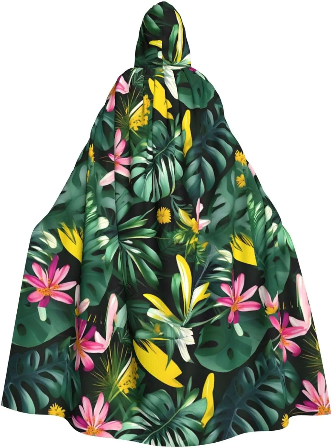 Tropical Leaves with flowers print Hooded cape for adults, Oversized Hooded Cloak with Bow Tie, Adult party dress cape
