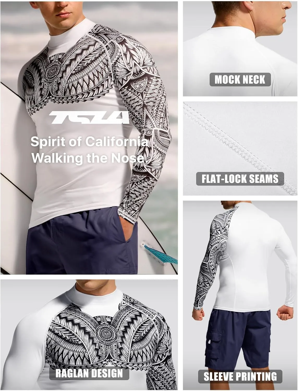 TSLA Men's UPF 50  Long Sleeve Rash Guard, UV/SPF Quick Dry Swim Shirt, Water Surf Swimming Shirts