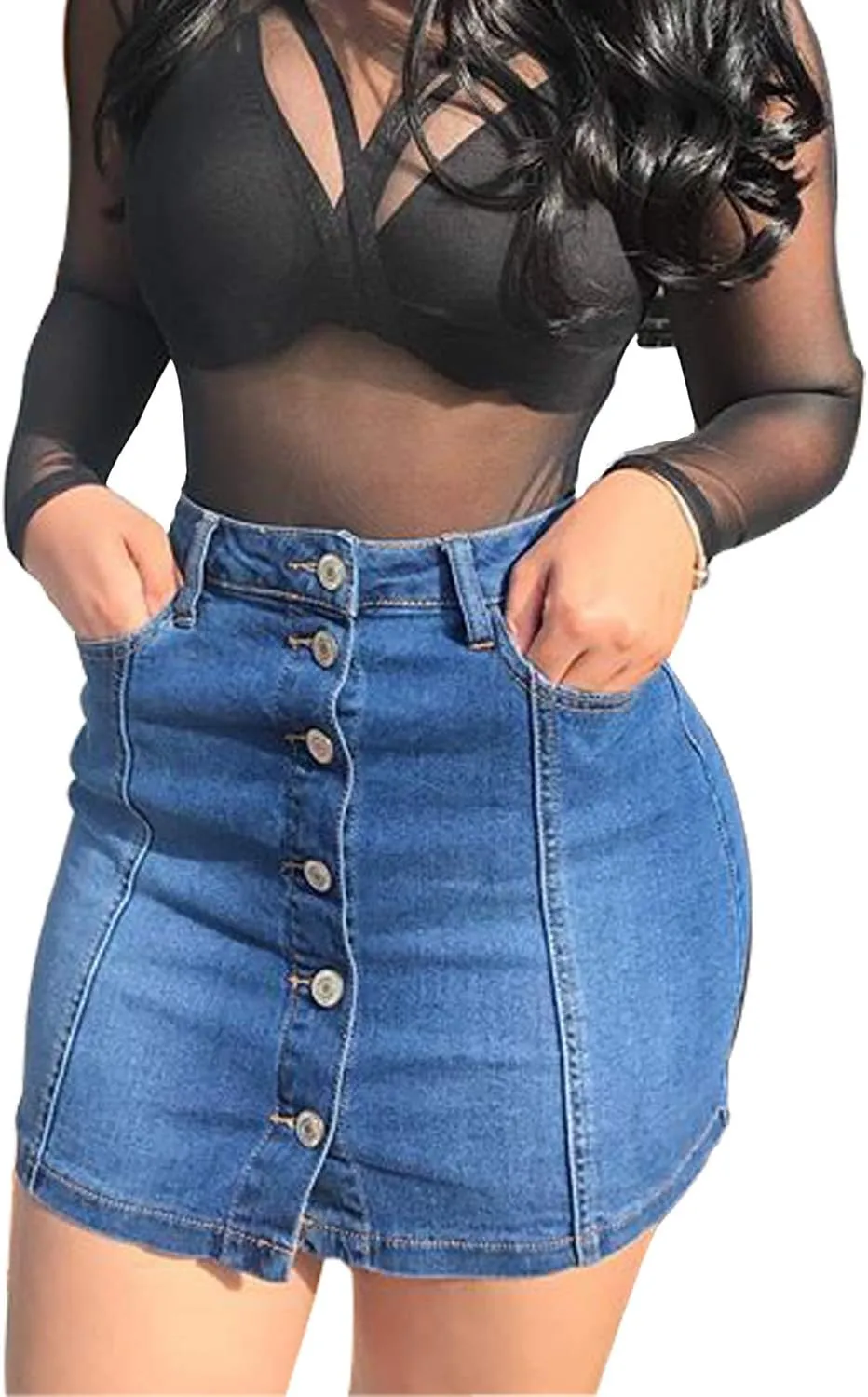 Tulucky Women's Button Down Front Denim Short Skirt with Side Pocket