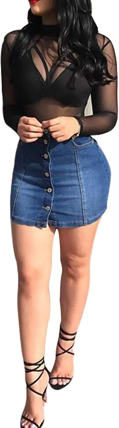 Tulucky Women's Button Down Front Denim Short Skirt with Side Pocket