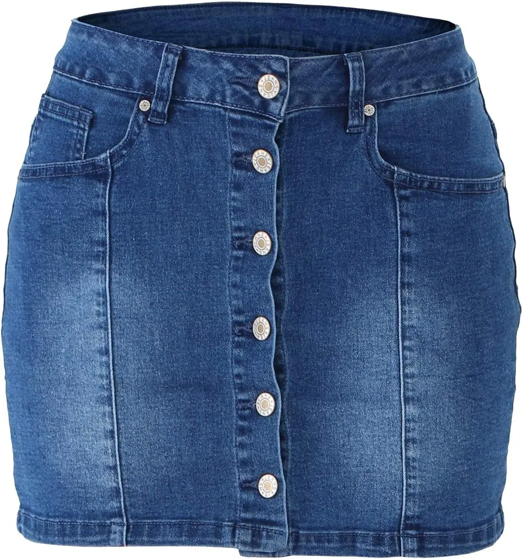 Tulucky Women's Button Down Front Denim Short Skirt with Side Pocket