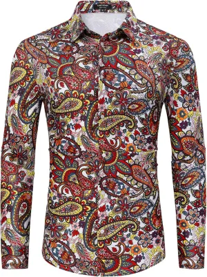TURETRENDY Men's Paisley Floral Dress Shirt Long Sleeve Slim Fit Button Down Shirts for Prom Wedding Party