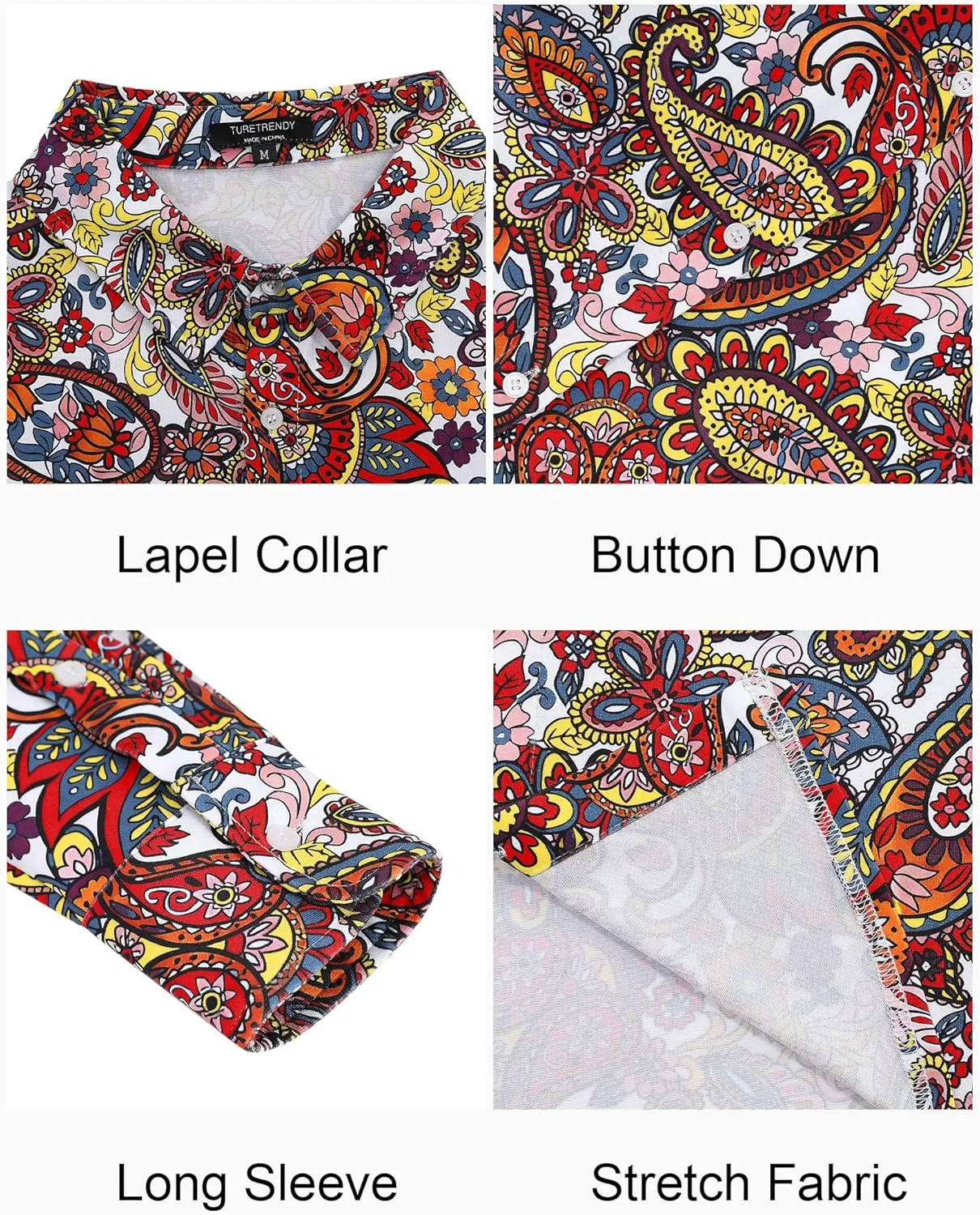 TURETRENDY Men's Paisley Floral Dress Shirt Long Sleeve Slim Fit Button Down Shirts for Prom Wedding Party