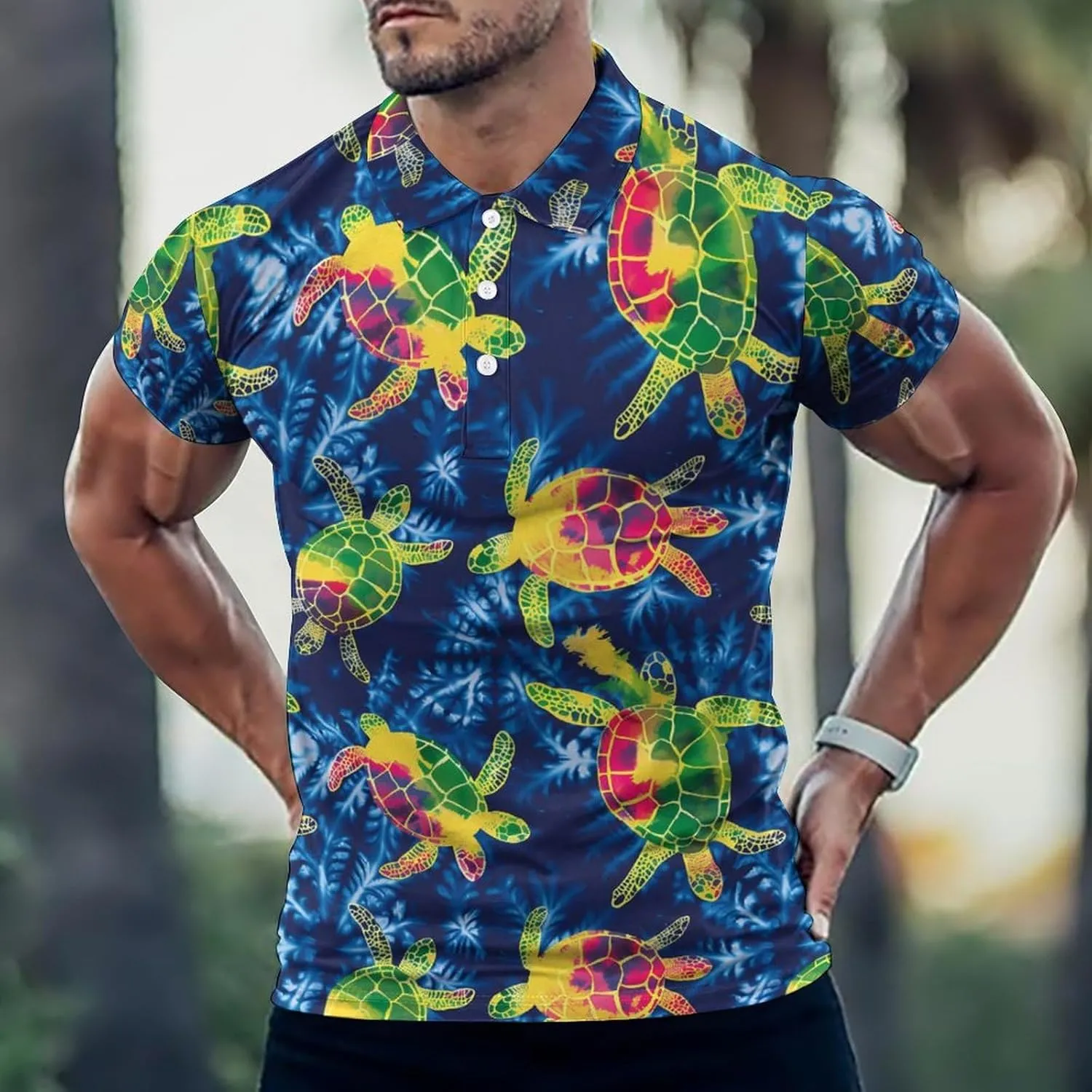 Turtles Tie Dye Mens Polo Shirts Quick Dry Short Sleeve Golf Slim Fit T Shirt