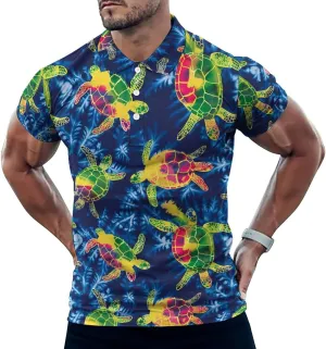 Turtles Tie Dye Mens Polo Shirts Quick Dry Short Sleeve Golf Slim Fit T Shirt