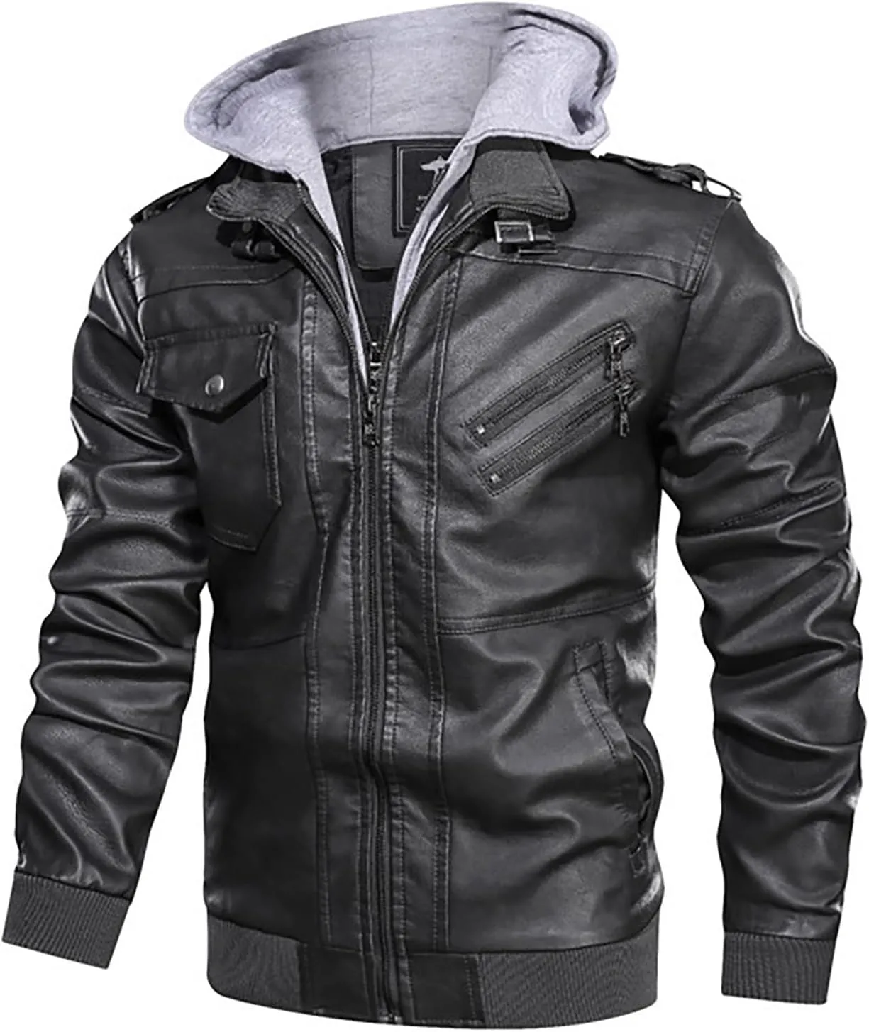 utcoco Men's Casual Stand Collar PU Faux Leather Zip-Up Motorcycle Bomber Jacket with Removable Hood
