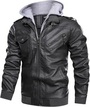 utcoco Men's Casual Stand Collar PU Faux Leather Zip-Up Motorcycle Bomber Jacket with Removable Hood