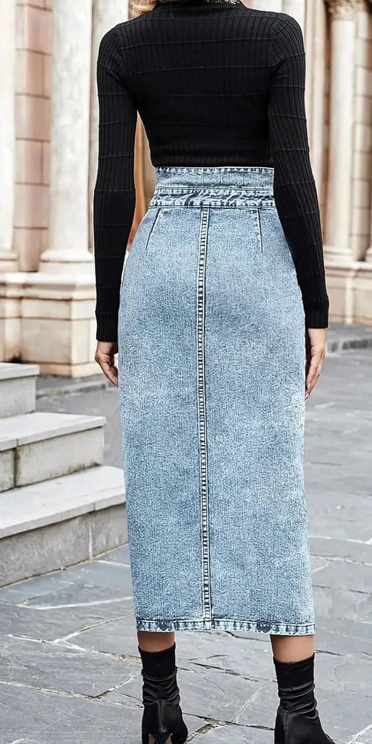 utcoco Women's Midi Jean Skirt High Waisted Slit Hem Slim Fit Pencil Denim Skirt