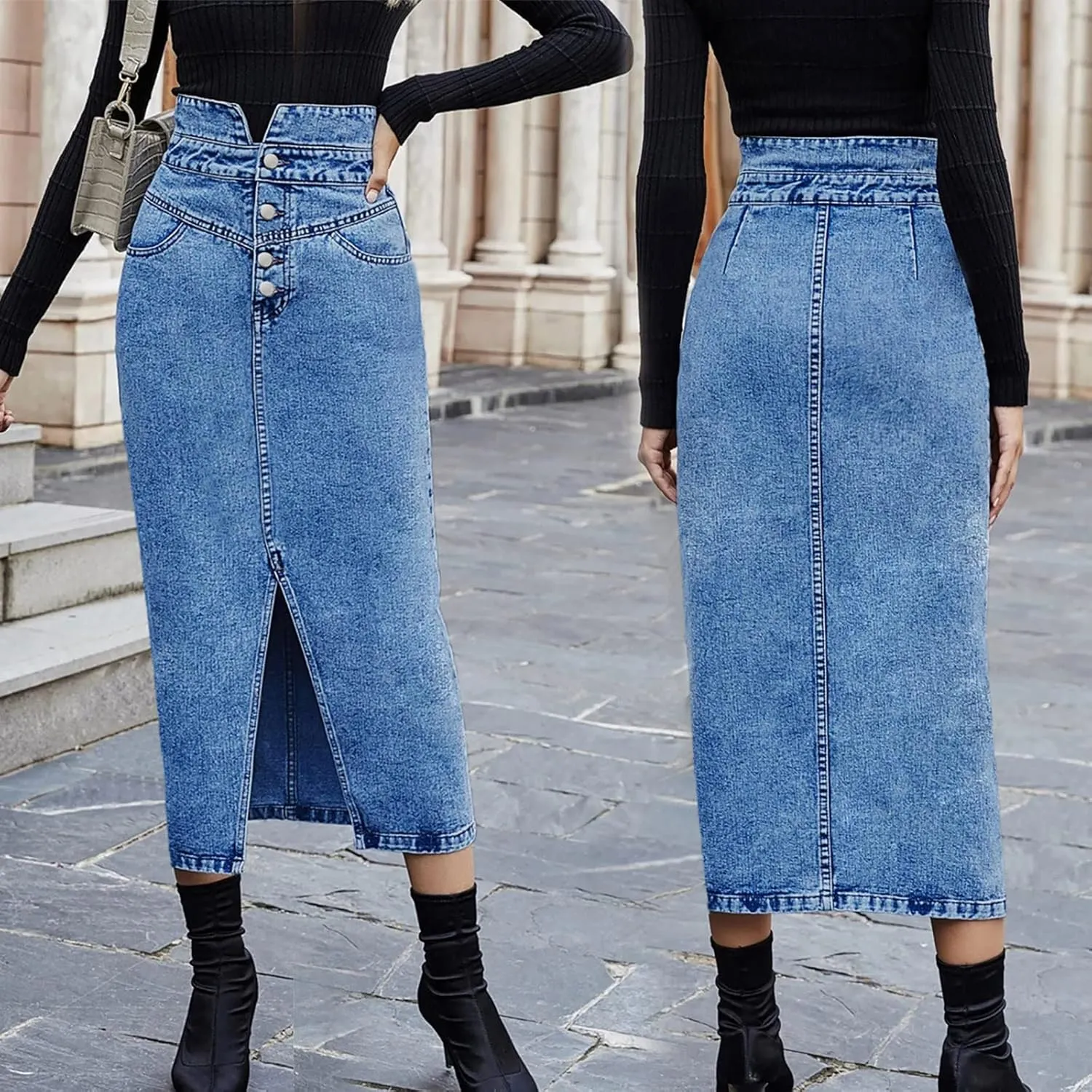 utcoco Women's Midi Jean Skirt High Waisted Slit Hem Slim Fit Pencil Denim Skirt