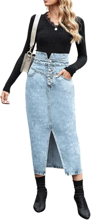 utcoco Women's Midi Jean Skirt High Waisted Slit Hem Slim Fit Pencil Denim Skirt