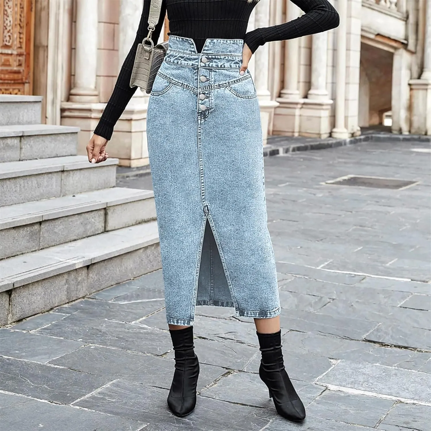 utcoco Women's Midi Jean Skirt High Waisted Slit Hem Slim Fit Pencil Denim Skirt