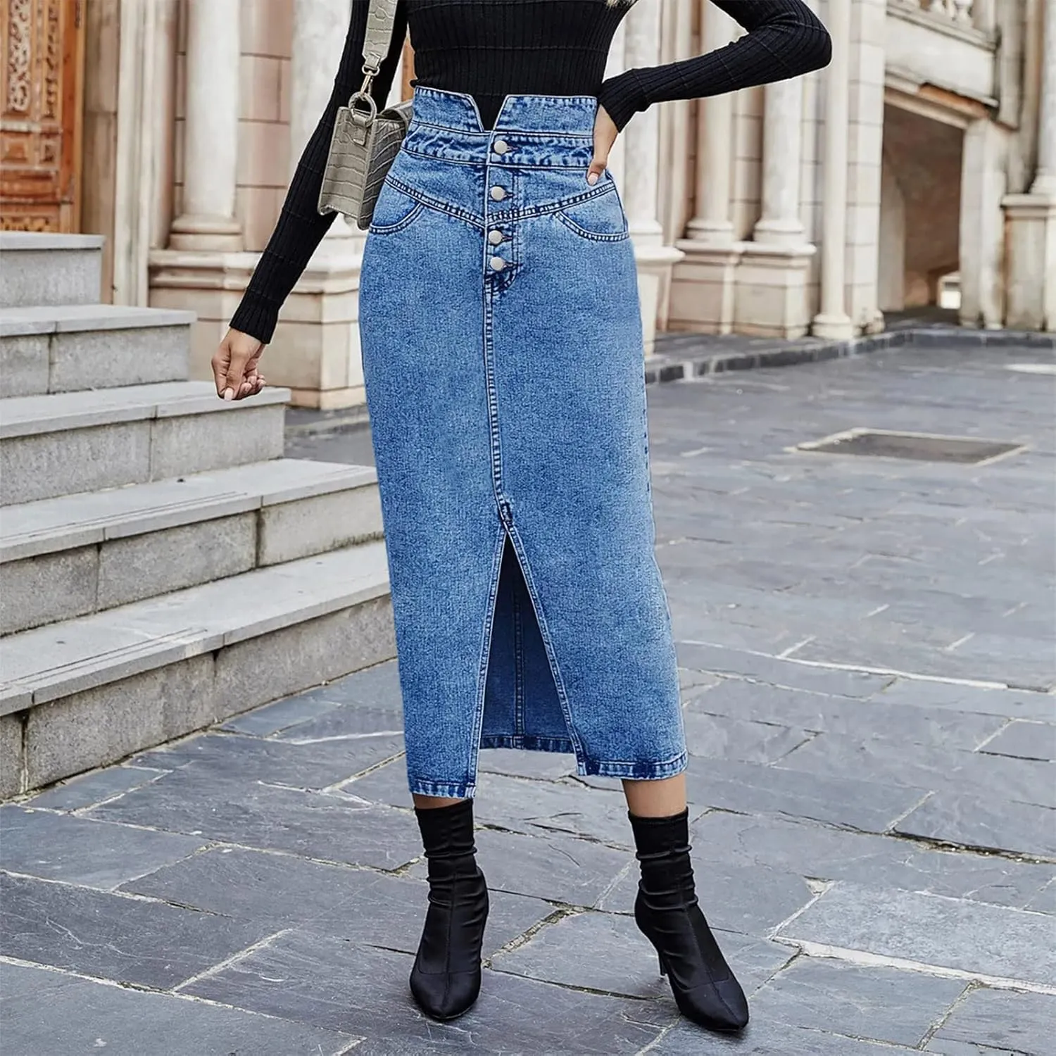 utcoco Women's Midi Jean Skirt High Waisted Slit Hem Slim Fit Pencil Denim Skirt