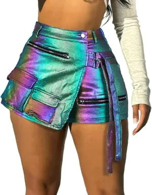 Vakkest Women's Metallic Cargo Shorts Summer PU Leather Irregular Split with Pockets Stretchy Y2K Streetwear Skirt Skorts