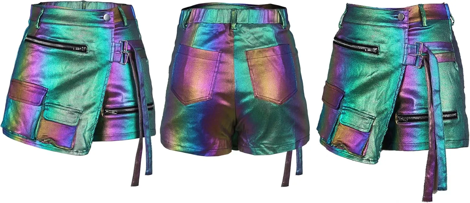 Vakkest Women's Metallic Cargo Shorts Summer PU Leather Irregular Split with Pockets Stretchy Y2K Streetwear Skirt Skorts