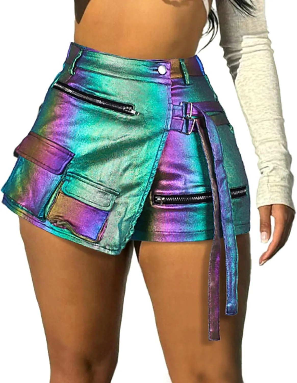 Vakkest Women's Metallic Cargo Shorts Summer PU Leather Irregular Split with Pockets Stretchy Y2K Streetwear Skirt Skorts