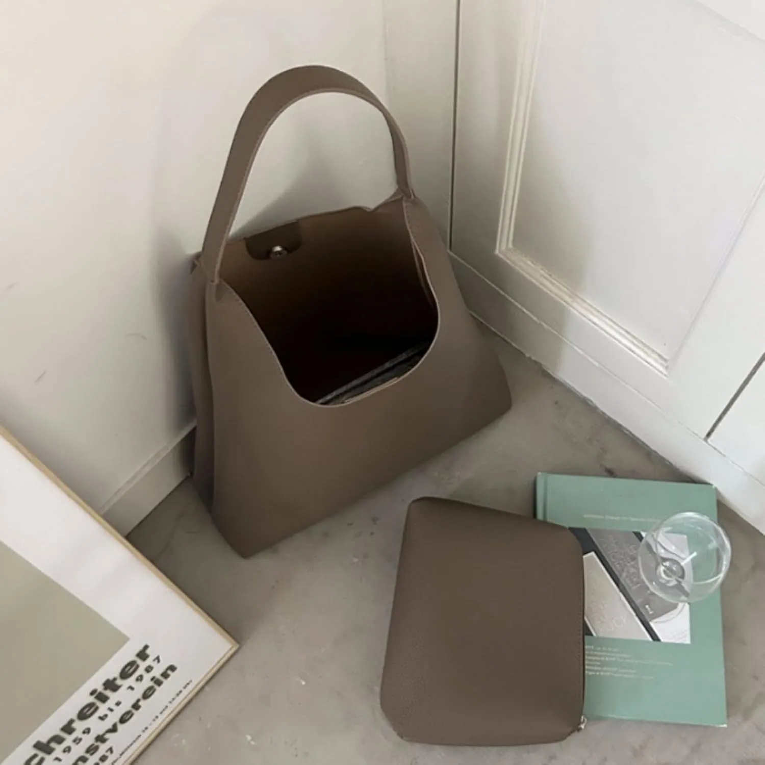 Vegan Leather Tote 2025 Fall Winter Large Shoulder Bag Minimalist Retro Bucket Work Commute Texture Litchi Grain Handbag