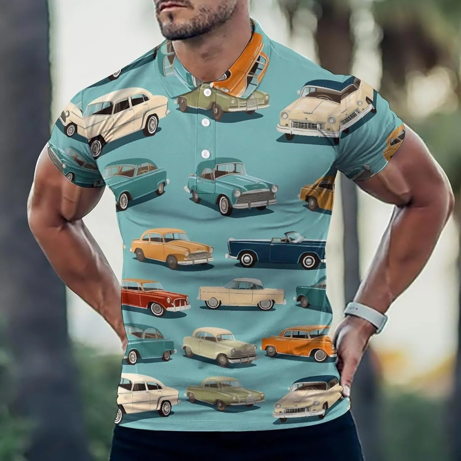 Vintage Car Mens Short Sleeve Polo Shirts Straight Sports Golf Tennis T-Shirt Quick Dry Long Top