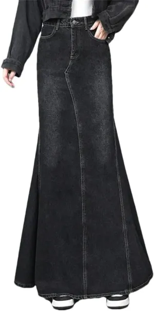 Vintage Denim Skirt Women's High Waisted Slimming Long Maxi Skirt Stretch Jeans Skirt Pockets Casual