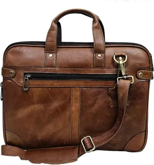 Vintage Leather Briefcase for Men and Women, 15 Inch Brown Laptop Bag with Shoulder Strap, Handmade Messenger Work Bag with Multiple Pockets, Professional Office Satchel