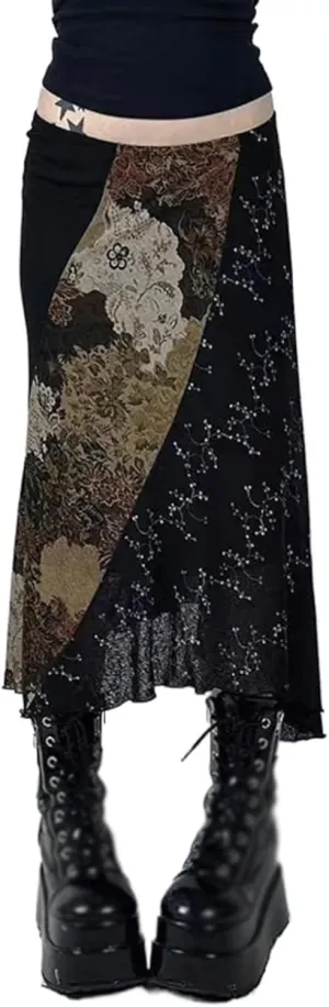 Vintage long skirt Casual Aesthetic Floral maxi skirts for women Hippie Indie Mid Skirt Fashion Comfort Skirt Mid-Length, Medium, Midnight