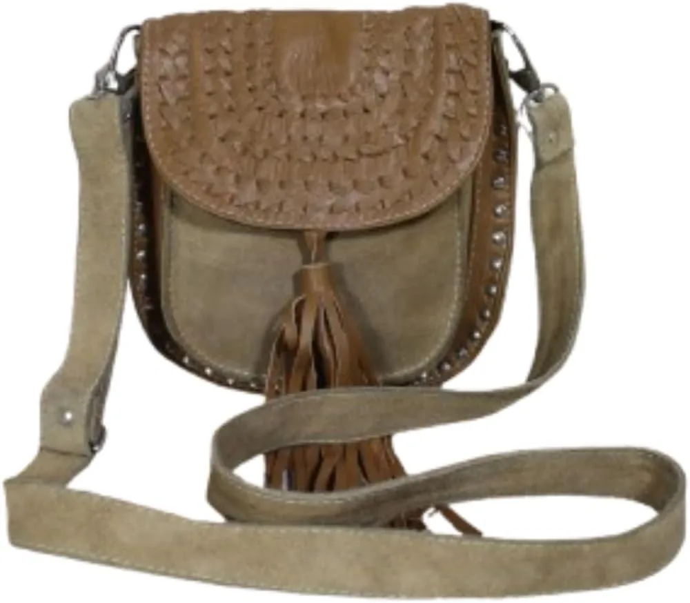 Vintage Style Crossbody Leather Handbag, Braided Flap Design, Tassel Detail, Tan and Brown