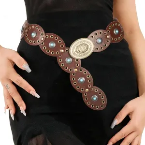 Vintage Western Leather Belt for Women - Wide Cowgirl Waist Belt with Concho Buckle - Boho Style Belt for Jeans & Dress