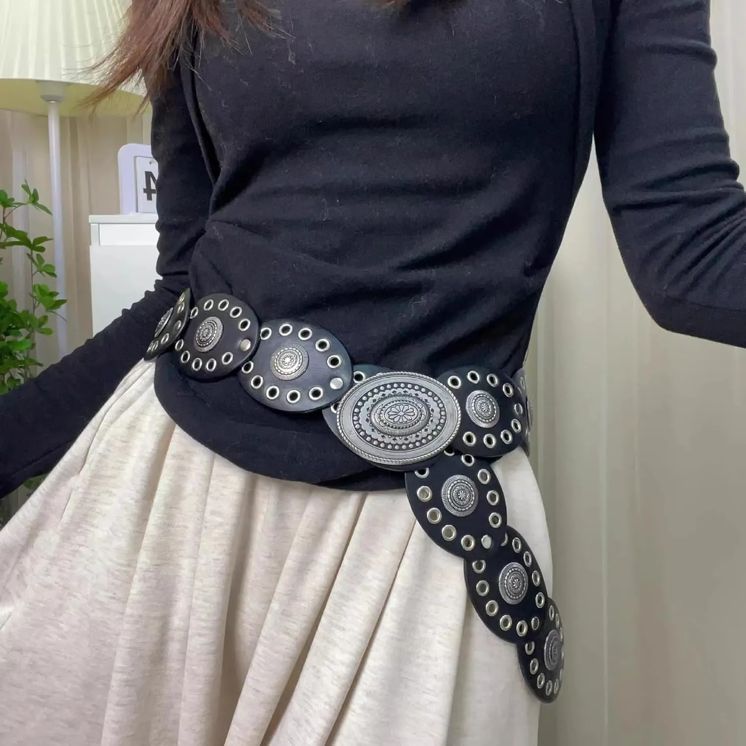 Vintage Western Leather Belt for Women - Wide Cowgirl Waist Belt with Concho Buckle - Boho Style Belt for Jeans & Dress