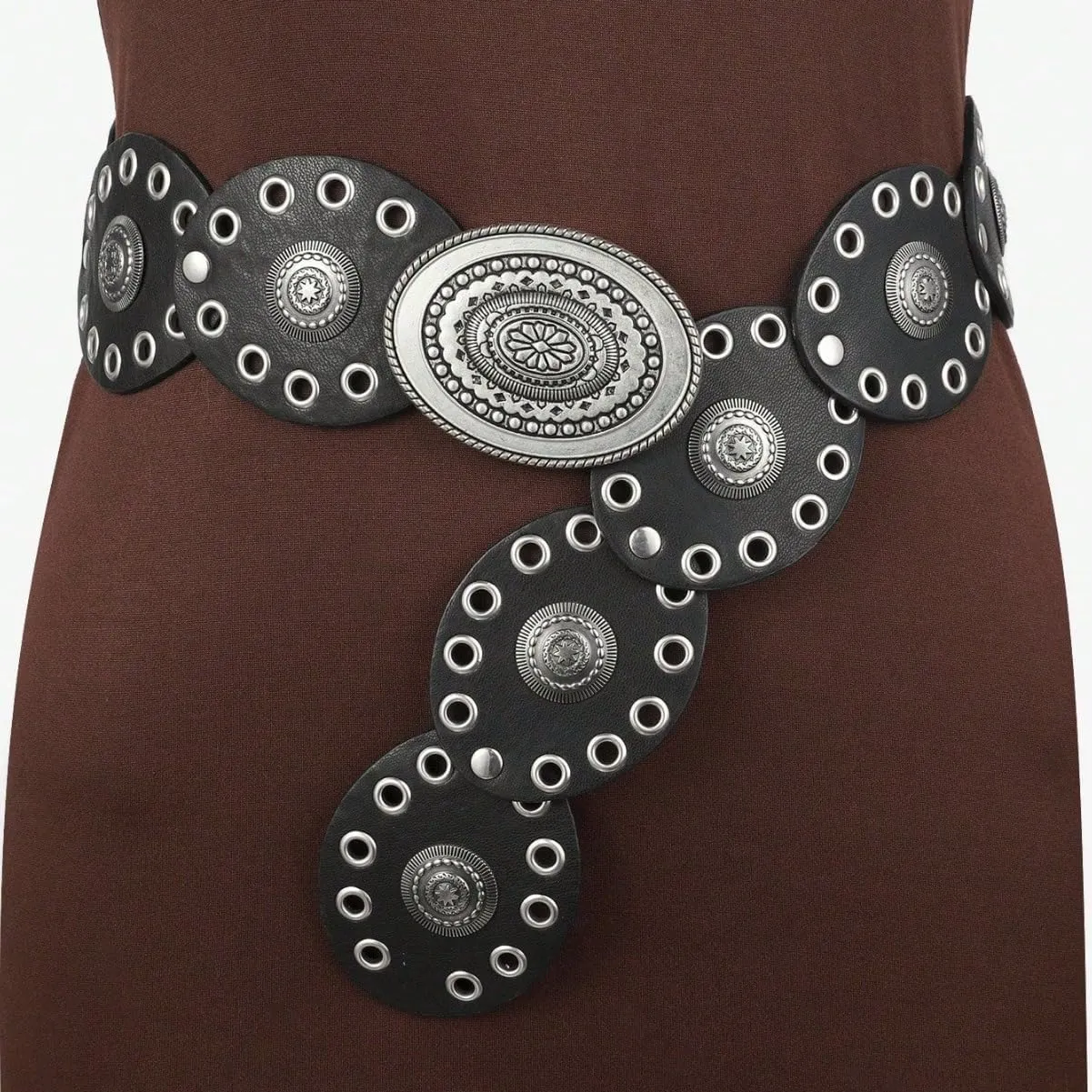 Vintage Western Leather Belt for Women - Wide Cowgirl Waist Belt with Concho Buckle - Boho Style Belt for Jeans & Dress