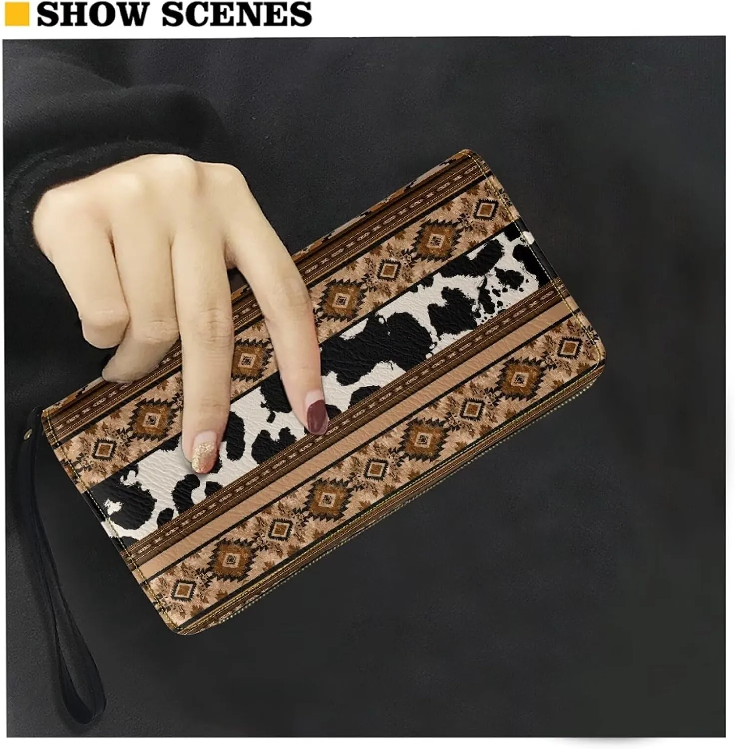 Wallet Women Large Capacity Clutch Purse with Wristlet PU Leather Smartphone Wallet Large Capacity Zipper Money Travel Pocket Card Holder Organizer,Black White Cow Print Aztec Tribe Pattern