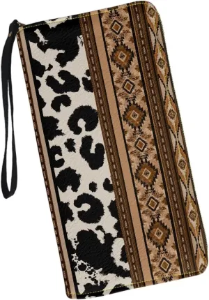 Wallet Women Large Capacity Clutch Purse with Wristlet PU Leather Smartphone Wallet Large Capacity Zipper Money Travel Pocket Card Holder Organizer,Black White Cow Print Aztec Tribe Pattern