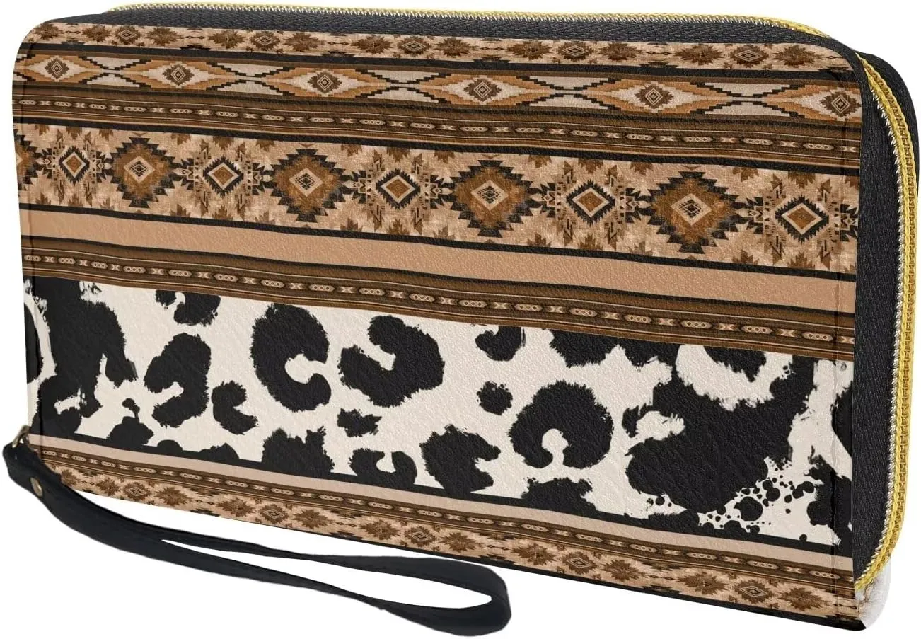 Wallet Women Large Capacity Clutch Purse with Wristlet PU Leather Smartphone Wallet Large Capacity Zipper Money Travel Pocket Card Holder Organizer,Black White Cow Print Aztec Tribe Pattern