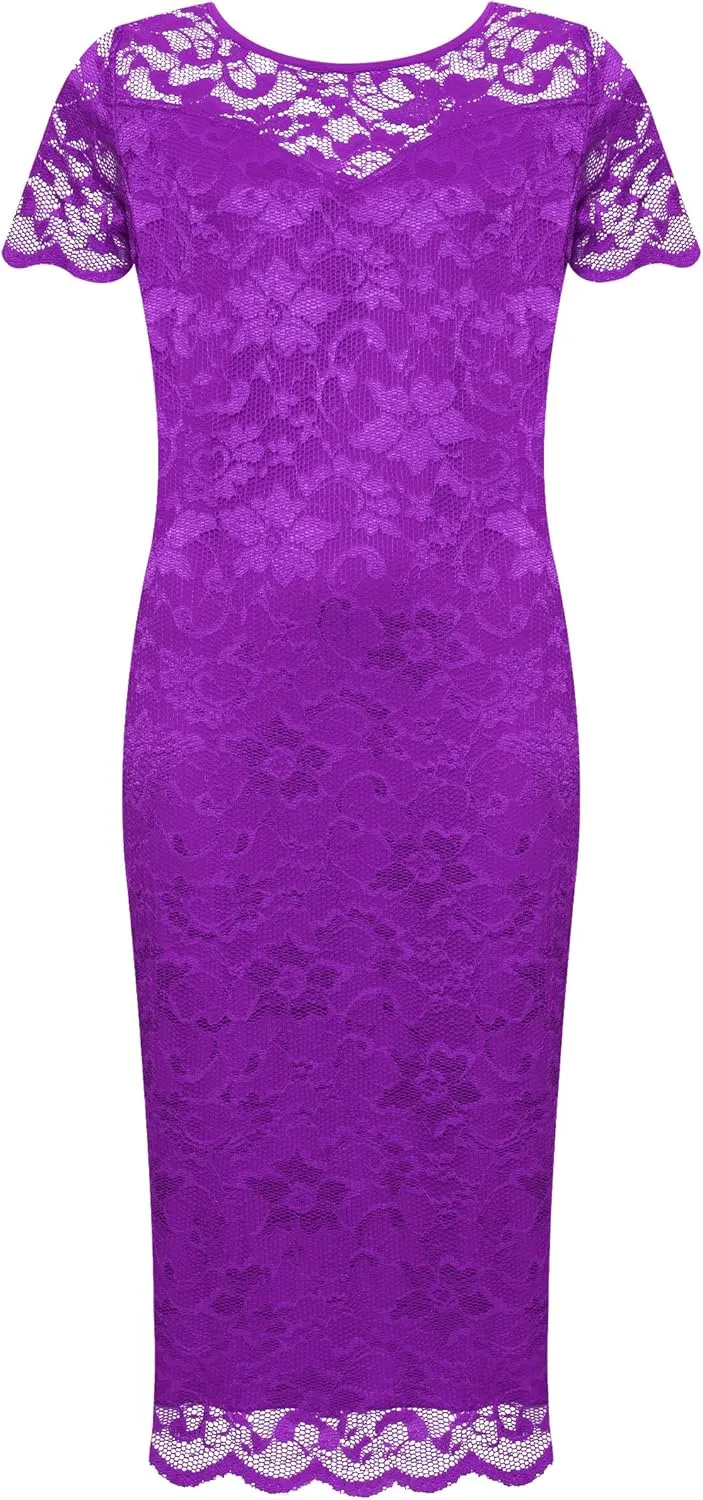 WearAll Plus Size Womens Lace Lined Ladies Short Sleeve Bodycon Midi Dress - 10-24