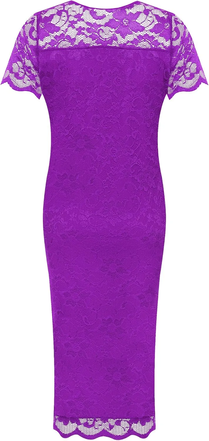 WearAll Plus Size Womens Lace Lined Ladies Short Sleeve Bodycon Midi Dress - 10-24