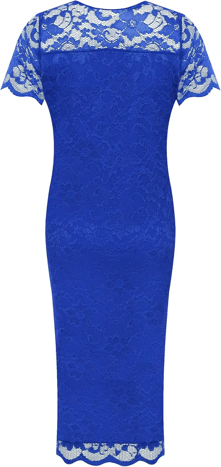 WearAll Plus Size Womens Lace Lined Ladies Short Sleeve Bodycon Midi Dress - 10-24