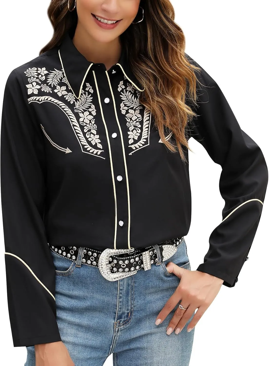 Western Shirts for Women Embroidered Long Sleeve Floral Button Up Rodeo Cowgirl Show Wear Ladies Clothes