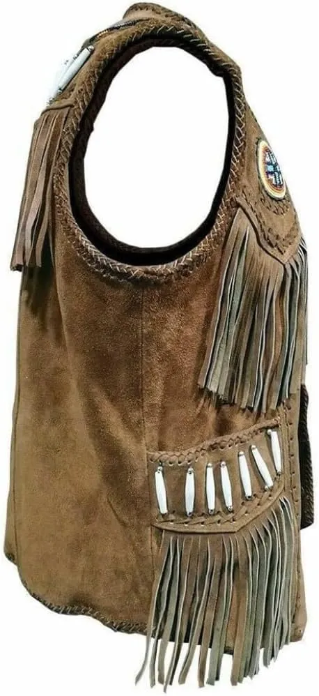 Western Style Cow Suede Leather Vest for Men with Native American-Inspired Design, Fringes, Beads & Braid