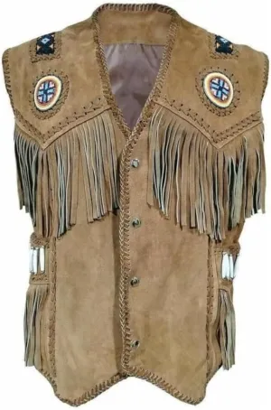 Western Style Cow Suede Leather Vest for Men with Native American-Inspired Design, Fringes, Beads & Braid