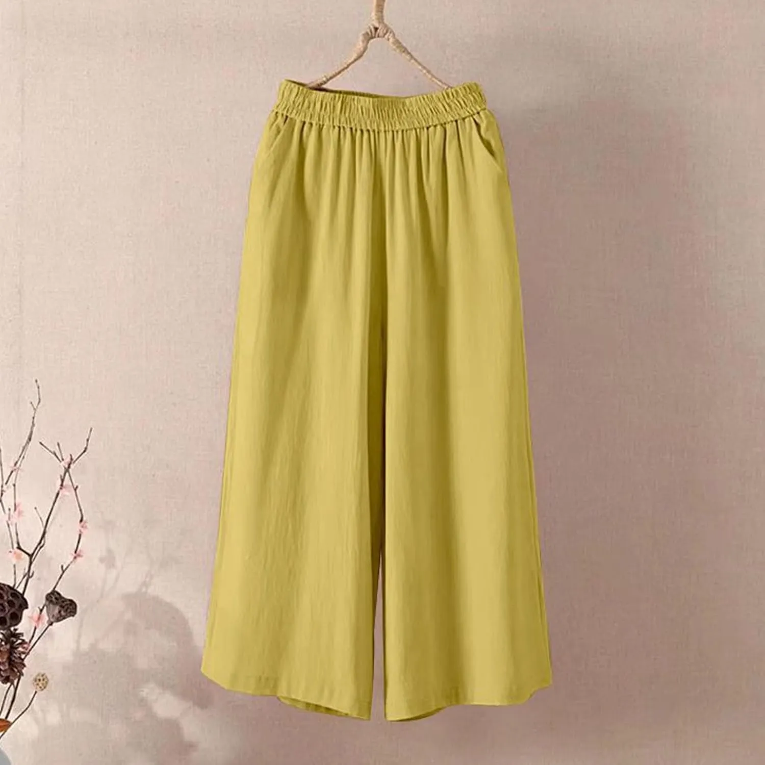 Wide Leg Linen Pants for Women Summer Capri Flowy Pants Casual Loose High Waist Trousers with Pockets