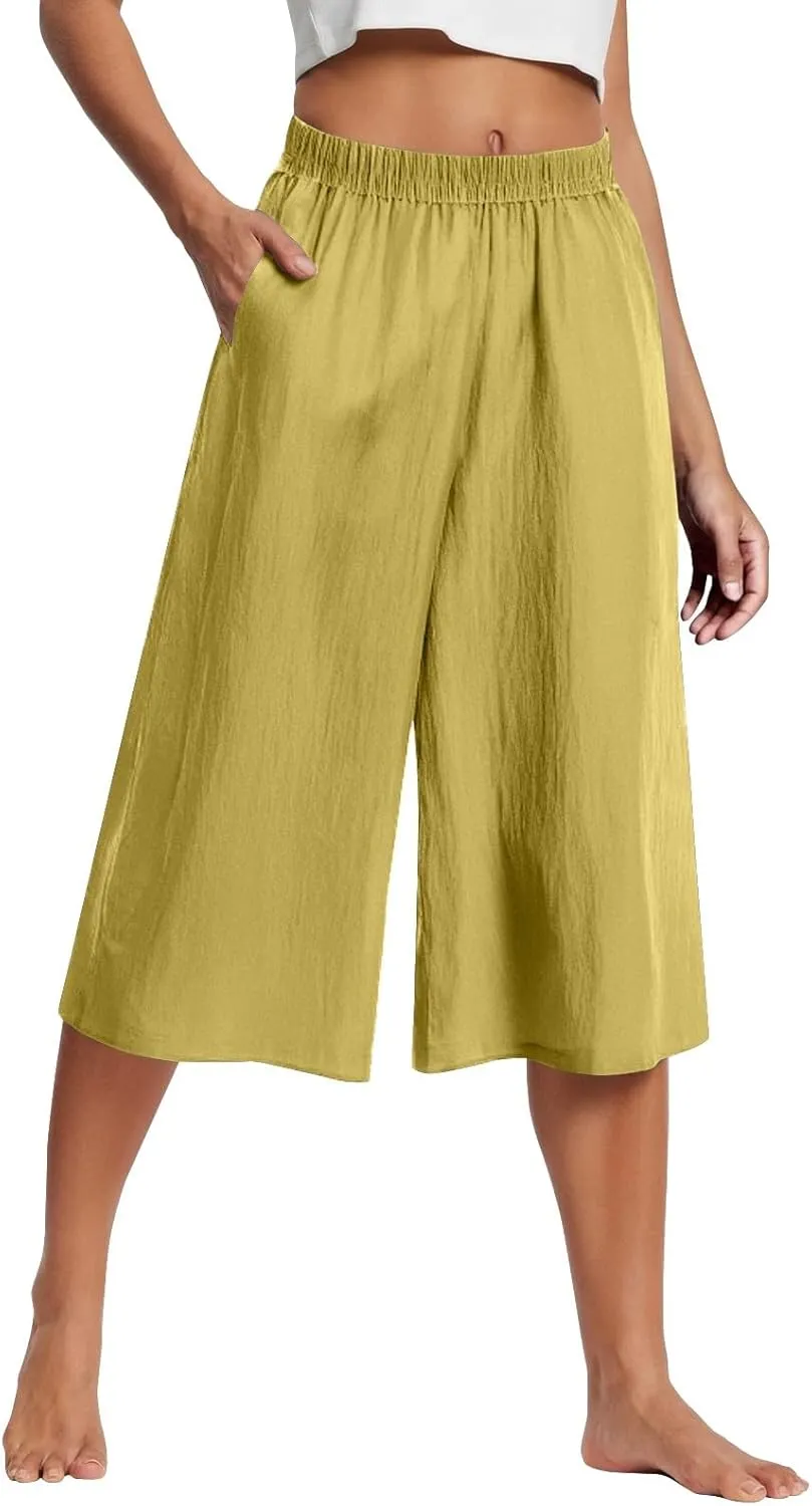 Wide Leg Linen Pants for Women Summer Capri Flowy Pants Casual Loose High Waist Trousers with Pockets