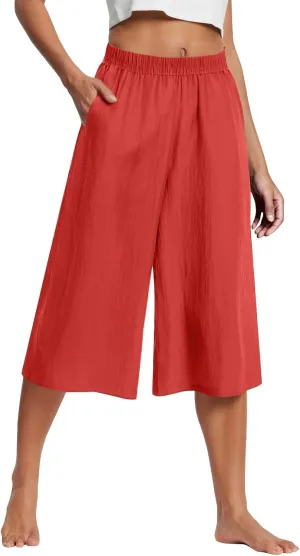 Wide Leg Linen Pants for Women Summer Capri Flowy Pants Casual Loose High Waist Trousers with Pockets