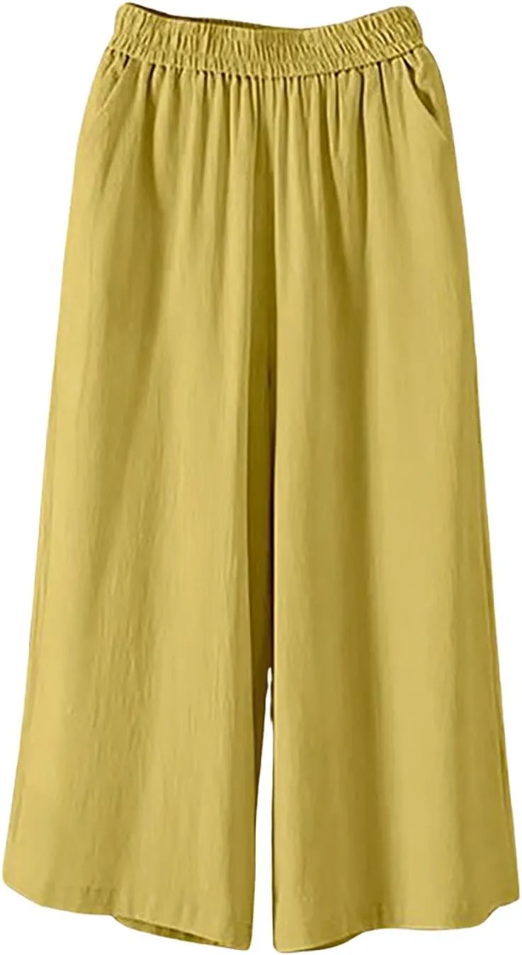 Wide Leg Linen Pants for Women Summer Capri Flowy Pants Casual Loose High Waist Trousers with Pockets
